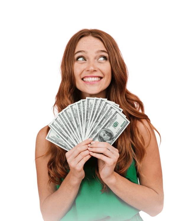 Happy customer holding a fan of cash from her tax refund